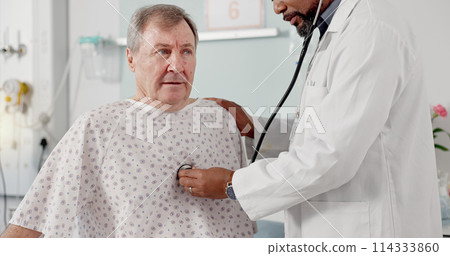 Senior man, doctor and listening to heart beat, rate or breathing in cardiology with patient at hospital. Medical professional, nurse or surgeon checking respiratory on client in checkup or diagnosis Senior man, doctor and listening to heart beat, rate or breathing in cardiology with patient at hospital. Medical professional, nurse or surgeon checking respiratory on client in checkup or diagnosis 114333860