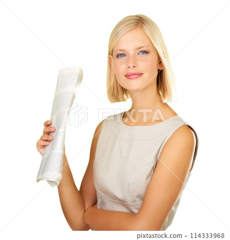 Newspaper, newsletter and portrait of woman on a white background for reading, information and news. Paper, journalism and isolated person with article for knowledge, learning and business in studio 114333968
