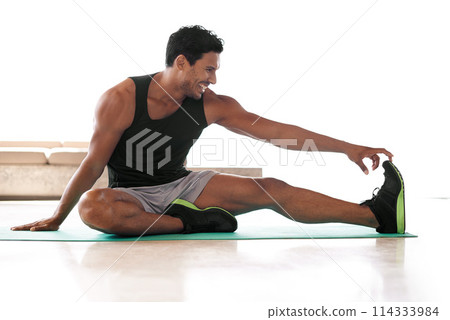 Man, leg and stretching on yoga mat or exercise flexibility with stiff muscles for athlete training, mobility or workout. Male person, foot and healthy performance or fitness strength, warm up or gym Man, leg and stretching on yoga mat or exercise flexibility with stiff muscles for athlete training, mobility or workout. Male person, foot and healthy performance or fitness strength, warm up or gym 114333984