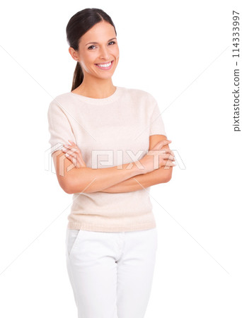 Portrait, fashion and arms crossed with business woman in studio isolated on white background for work style. Job, confident and trendy outfit with happy or proud young employee in clothes for career 114333997