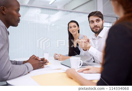 People, business or meeting as teamwork, workshop or paper in planning, question or training. Team, employee or document as collaboration, review or company communication in office project report 114334068