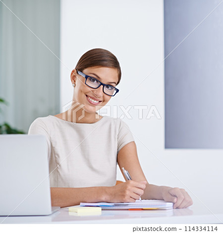 Woman, teacher and laptop for notes in portrait, education and working on school curriculum. Female person, ideas and internet for research in classroom, problem solving and journal for lesson plan 114334114