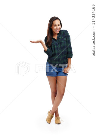 Woman, portrait and isolated with gesture, hands in pocket and smile with mockup space in studio. Female person, happy and cheerful in white background for stylish, fashion and cool in backdrop 114334169