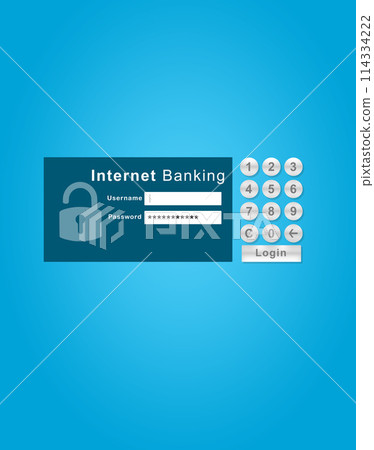 Screen, online banking and mobile app with login or password for transaction on blue background. Savings, budget and shopping with digital nomad, fintech and authentication or security for payment 114334222