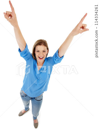 Woman, portrait and excited with high angle for win with smile or victory isolated on white background. Freedom, expression and happiness with joy, gesture and cheerful in Canada with positive 114334261
