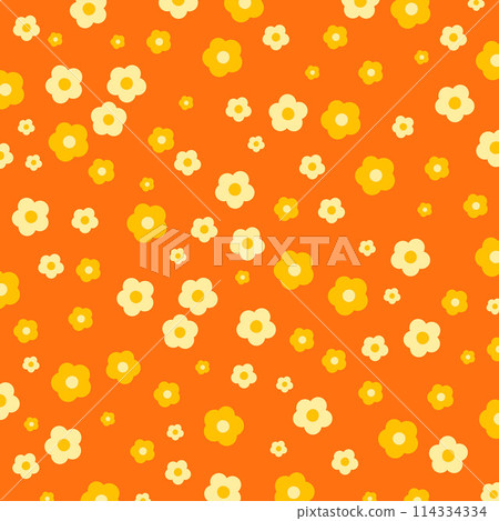 Illustration of little flowers on orange background for floral print, fabric, pattern, women fashion, clothes, garment, textile, picnic blanket, spring, summer, duvet, wallpaper, backdrop, kid dress 114334334