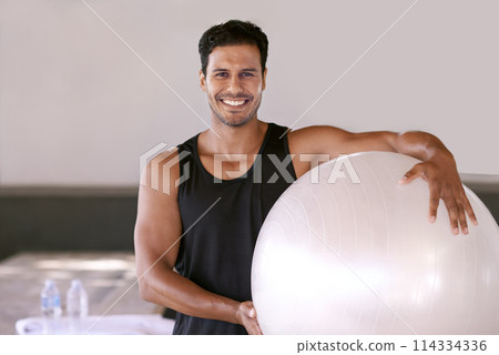Portrait, happy man and pilates ball for exercise, workout or training in gym for healthy body in Brazil. Face, smile and person with equipment for sport, wellness or fitness for physical activity Portrait, happy man and pilates ball for exercise, workout or training in gym for healthy body in Brazil. Face, smile and person with equipment for sport, wellness or fitness for physical activity 114334336
