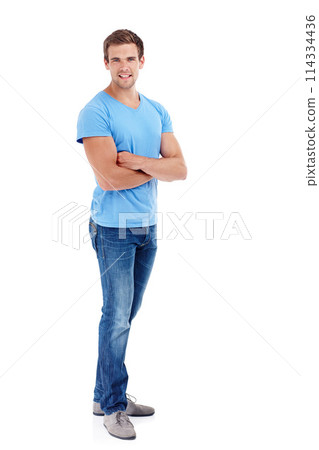 Man, portrait and happy or arms crossed in studio with casual fashion, confidence and trendy outfit with mockup. Model, entrepreneur and smile with relax, good mood and denim on white background Man, portrait and happy or arms crossed in studio with casual fashion, confidence and trendy outfit with mockup. Model, entrepreneur and smile with relax, good mood and denim on white background 114334436