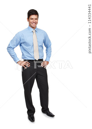 Businessman, portrait and smile with accountant, isolated and confident in studio or white background. Male person, banking and happy in backdrop for economy, consultant and financial advisor in job 114334441