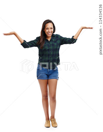 Woman, portrait and isolated with smile, comparing and hand gestures with mockup space in studio. Female person, happy and cheerful in white background for stylish, fashion and cool in backdrop Woman, portrait and isolated with smile, comparing and hand gestures with mockup space in studio. Female person, happy and cheerful in white background for stylish, fashion and cool in backdrop 114334536