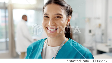 Medical, smile and portrait of nurse in a hospital for healthcare, medicine and employee working in a clinic. Health, care and service by professional woman doctor in surgery or operation room 114334570