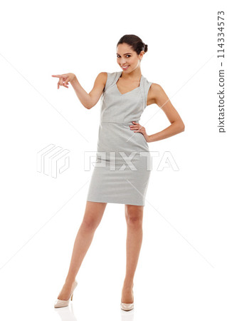 Business woman, portrait and pointing hand to mockup for advertising, announcement and news. Attorney, employee and professional with smile showing offer and notification with white background 114334573