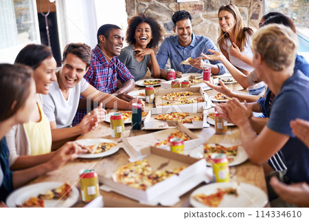 Group, friends and party with pizza, lunch and diversity for joy or fun with youth. Men, Women and fast food with drink, social gathering and snack for celebration or eating at italian pizzeria 114334610