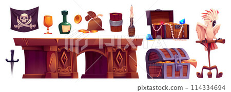 Pirate ship cabin room inside with treasure vector 114334694