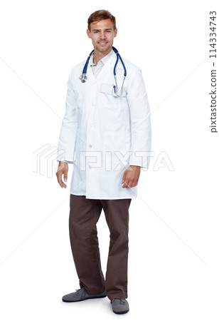 Hospital, doctor and portrait of man on a white background for medical career, job and care in studio. Professional, healthcare and person with stethoscope for cardiology, consult service or wellness 114334743