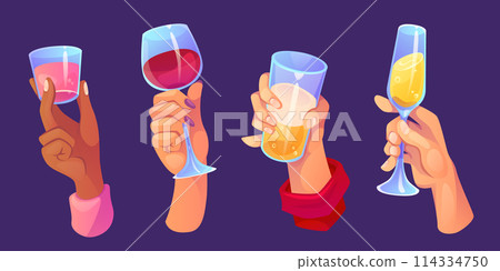 Hands holding glass with alcohol drinks. 114334750