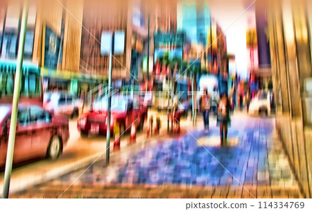 City, blurred and people walking on sidewalk for morning commute with motion, population and social migration. Society, transport and crowd on busy street, urban movement and travel culture in London 114334769