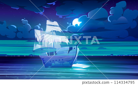 Dark night sea and moon in cloud sky illustration 114334795