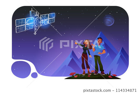 Woman and man show space satellite in sky design 114334871