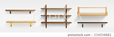 3D set of wooden shelves on transparent background 3D set of wooden shelves on transparent background 114334881