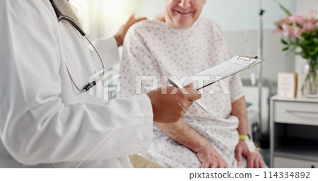 Senior hands, doctor and clipboard for hospital medical checkup, good news and surgery planning. African professional, man and test results paper for healthcare insurance planning or consulting trust Senior hands, doctor and clipboard for hospital medical checkup, good news and surgery planning. African professional, man and test results paper for healthcare insurance planning or consulting trust 114334892