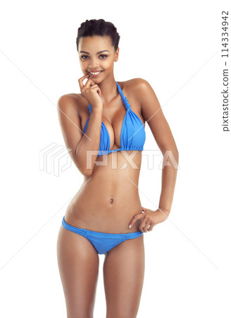 Beauty, body and portrait of girl with bikini in studio for wellness, detox or diet progress and results on white background. Swimwear, style or model face confident with vacation swimsuit choice 114334942