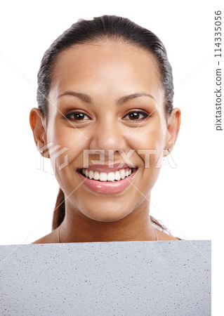 Face, woman and poster for advertising mockup, information or news with billboard isolated on white background. Announcement, coming soon or join us with sign for marketing, promo and ads in portrait Face, woman and poster for advertising mockup, information or news with billboard isolated on white background. Announcement, coming soon or join us with sign for marketing, promo and ads in portrait 114335056