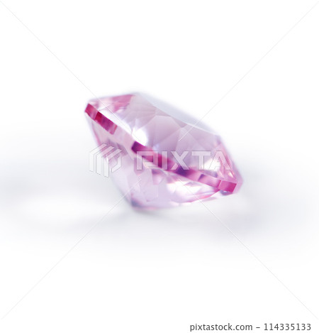 Pink diamond, jewel and studio by white background for natural resource, sparkle and luxury. Rocks, stone and crystal in closeup for gem with shine, glow and uncut mineral with reflection for wealth 114335133