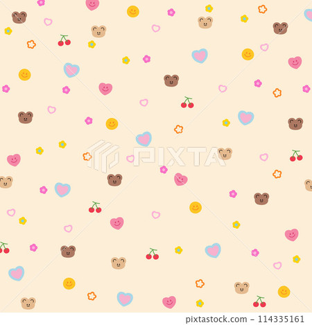 Illustration of teddy bear, heart, flower, cherry, smiley for animal, pet, vet, zoo, fabric print, floral, nature, garden, spring, summer, kids, toddler, gift wrap, packaging, cartoon, background, ads Illustration of teddy bear, heart, flower, cherry, smiley for animal, pet, vet, zoo, fabric print, floral, nature, garden, spring, summer, kids, toddler, gift wrap, packaging, cartoon, background, ads 114335161