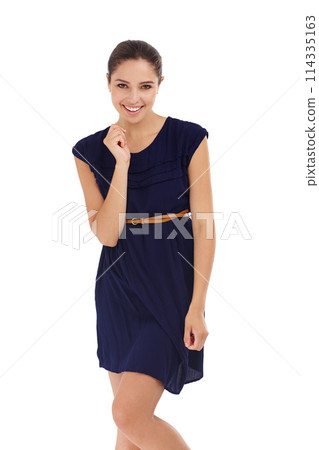 Woman, portrait and smile or fashion in studio with trendy dress, contemporary style or casual outfit. Model, person and happy with confidence, pride or summer clothes with mockup on white background 114335163