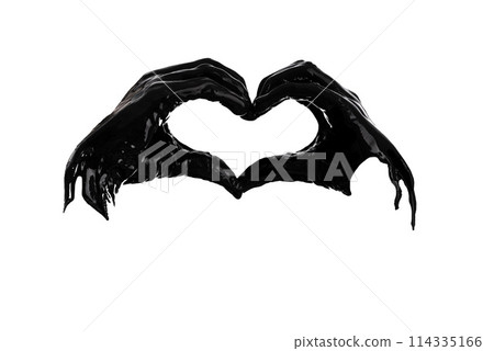 Hand, love or art as heart, shape or abstract as symbol in creative, monochrome or still life. Romantic, gesture or fingers as minimalist, silhouette of liquid oil paint in studio on white background 114335166
