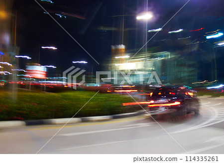 City, blur and motion with road, abstract and street for New York cityscape and architecture. Manhattan, background and metropolitan backdrop for speed, transportation and urban highway downtown 114335261