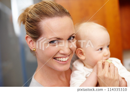 Woman, baby and smile with portrait, eating and love for parental happiness or bonding. Mother, child and home or house for childhood, support and positivity together for care and growth for family 114335310