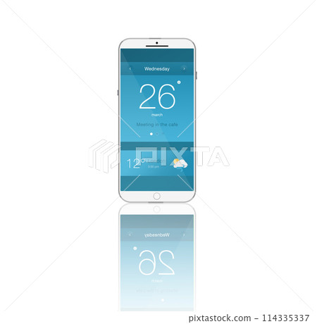 Smartphone screen, technology and icons on ui in studio isolated on a white background mockup space. Phone, cellphone and display of digital electronics, software and mobile app for social media 114335337