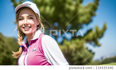 Woman standing against a background of fresh greenery 02 114335340