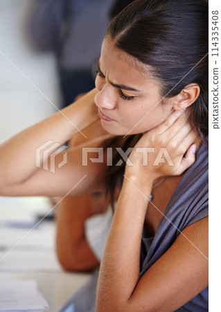 Neck pain, woman and office for profession, tired and angry for burnout in work or company. Young person, employee or editor and sad, stress or moody for employment and career in organisation 114335408