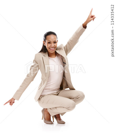 African woman and pointing in studio for business or career with administration, happy with smile in portrait. Secretary, choice and direction with white background, professional with confidence 114335412