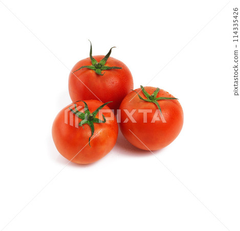Tomatoes, closeup and studio for health, wellness or organic diet on counter. Fruit, nutrition or produce for eating, gourmet and meal or cuisine with vitamins for weight loss on white background 114335426
