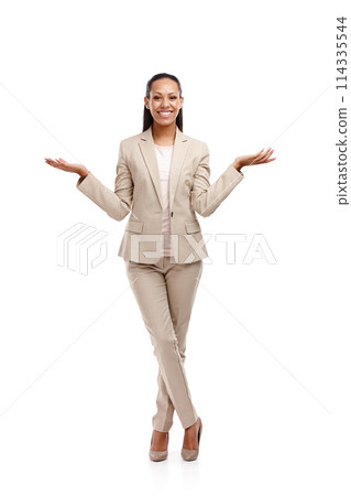 Choice, studio and African woman for business or career, cheerful or happy with smile. Female person, secretary and hands on white background, professional with comparison and versus in Jamaica 114335544