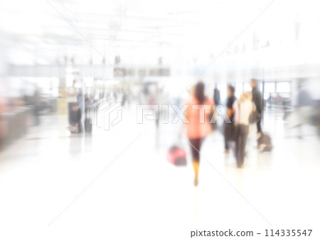 Blurred picture, people or tourists in rush with suitcase for urgency, walking or late vacation. Commuter, airport or terminal hurry for flight, train and bus in station for work trip or holiday 114335547
