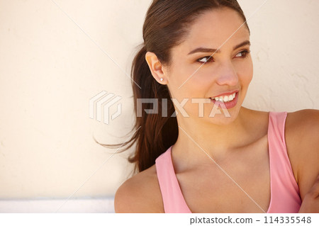 Woman, smile and thinking by wall with relax for daydreaming, wondering and fantasy mockup space. Person, happy and thoughtful in summer for idea, choice and distracted with casual outfit and style 114335548