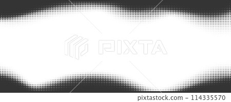 Dotted vector background with halftone effect. Comic wavy gradient border on white backdrop. Old grainy abstract frame. Retro graphic texture. 114335570