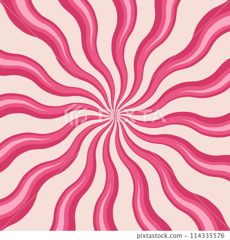 Pink swirl candy background. Sweet strawberry ice cream pattern. Spiral sunburst wallpaper. Cartoon marshmallow and lollipop texture. Radial striped vortex for psychedelic groovy design. Vector 114335576