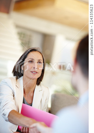 Job interview, handshake or mature business woman in office with applicant, documents or portfolio. Hiring, recruitment or lady hr shaking hands for welcome, success or b2b networking opportunity 114335623