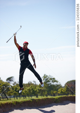 Excited man, golfer and winning with jump in celebration for victory, score or point by sand pit in nature. Happy male person or sports player with smile on golf course for match or game on mockup Excited man, golfer and winning with jump in celebration for victory, score or point by sand pit in nature. Happy male person or sports player with smile on golf course for match or game on mockup 114335636