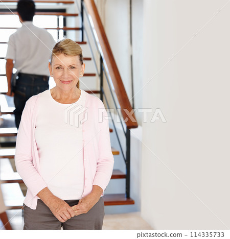 Happy senior woman and smile for business career, expertise and experience in management at office. Portrait of confident and businesswoman, mature manager or ceo of small company in workplace 114335733