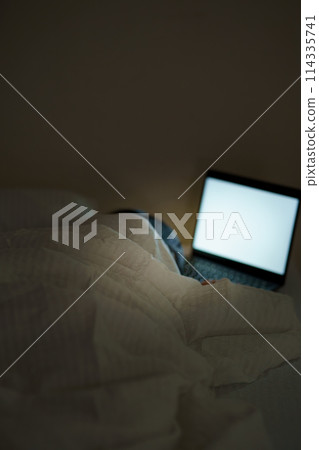 Young woman spending her time in bed Young woman spending her time in bed 114335741