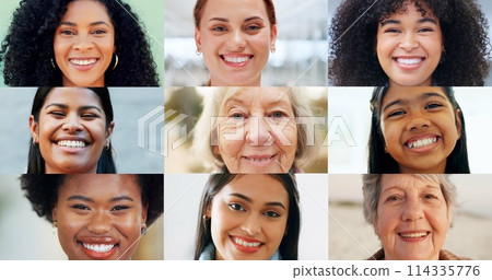 Woman, collage and portrait for diversity with smile for community, life insurance or older female. Group of people, composition or young child for connection or international in global or connected Woman, collage and portrait for diversity with smile for community, life insurance or older female. Group of people, composition or young child for connection or international in global or connected 114335776