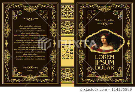 Cover book for medieval novel. Old retro ornament frames. Royal Golden style design. Vintage Border to be printed on the covers of books. Vector illustration 114335899