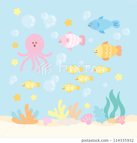 Under the sea square background with fish, octopus, coral reef, sand, pearl shell, starfish for aquarium, marine lives, diving, background, banner, wallpaper, ad template, poster, post card, print 114335932